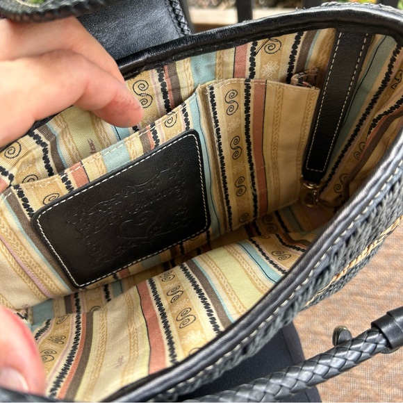 Brighton Woven Satchel Bag Purse Black Tan Straw Leather Shoulder strap - Picture 6 of 7